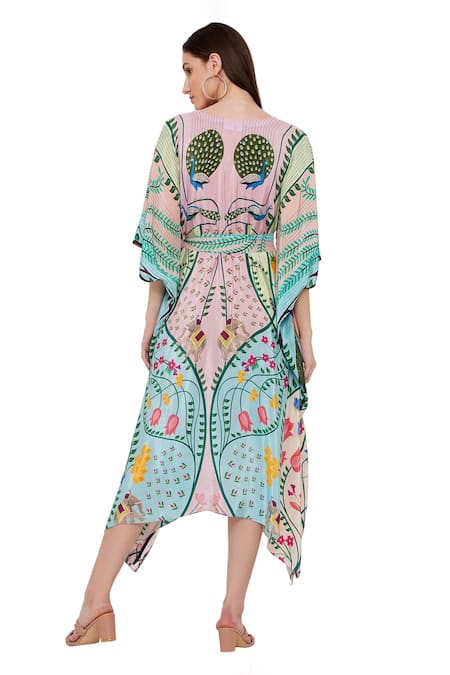 Shop Limerick By Abirr N' Nanki Blue Crepe Peacock, Botanical, Elephant V Neck Cruz Pattern Kaftan at Aza Fashions Shop_Limerick By Abirr N' Nanki_Blue Crepe Peacock, Botanical, Elephant V Neck Cruz Pattern Kaftan _at_Aza_Fashions