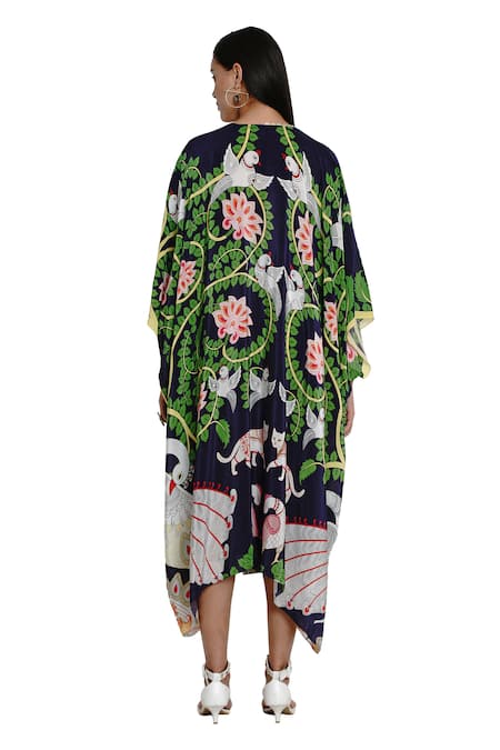 Shop Limerick By Abirr N' Nanki Blue Crepe V Neck Printed Kaftan Dress at Aza Fashions Shop_Limerick By Abirr N' Nanki_Blue Crepe V Neck Printed Kaftan Dress _at_Aza_Fashions