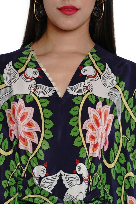 Shop Limerick By Abirr N' Nanki Blue Crepe V Neck Printed Kaftan Dress Online at Aza Fashions Shop_Limerick By Abirr N' Nanki_Blue Crepe V Neck Printed Kaftan Dress _Online_at_Aza_Fashions