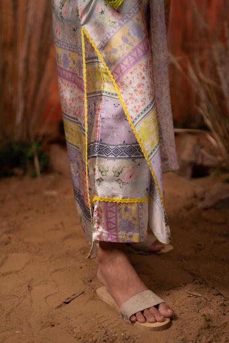 Label Reyya_Multi Color Rayon Slub Floral Bralette V Neck, Jacket Open Print And Pant Set _at_Aza_Fashions