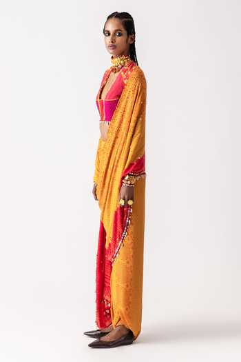 Aseem Kapoor_Yellow Natural Crepe Sadhvi Pre-draped Pant Saree_Online_at_Aza_Fashions