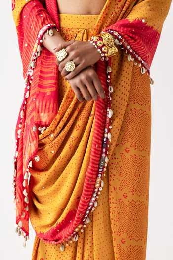 Aseem Kapoor_Yellow Natural Crepe Sadhvi Pre-draped Pant Saree_at_Aza_Fashions