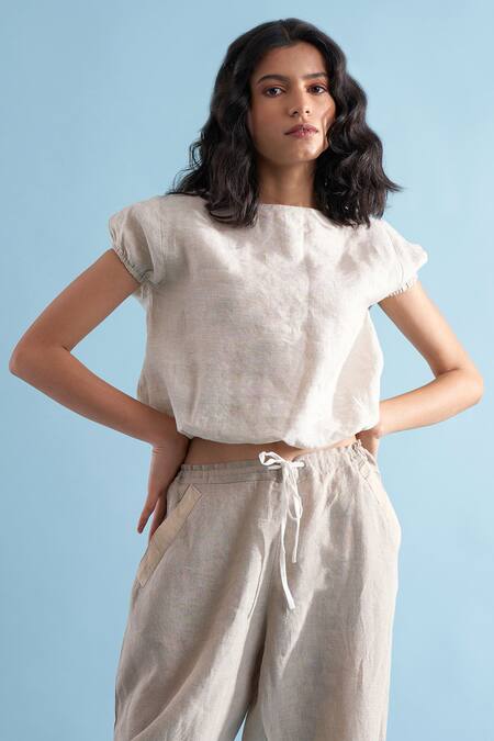 Manan Grey Linen Crop Top And Pant Set 2