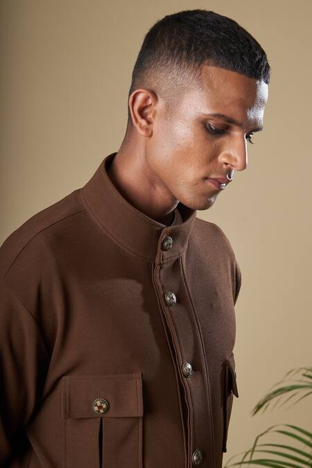 Soniya G_Brown Cotton Lycra Solid Flap Pocket Jacket And Pant Set_Online_at_Aza_Fashions