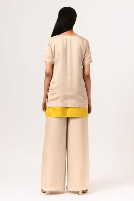 Shop Neora By Nehal Chopra Beige Sustainable Silk Round Color Block Panelled Top And Pant Set at Aza Fashions Shop_Neora By Nehal Chopra_Beige Sustainable Silk Round Color Block Panelled Top And Pant Set _at_Aza_Fashions