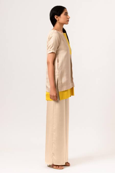 Neora By Nehal Chopra Beige Sustainable Silk Round Color Block Panelled Top And Pant Set Online at Aza Fashions Neora By Nehal Chopra_Beige Sustainable Silk Round Color Block Panelled Top And Pant Set _Online_at_Aza_Fashions