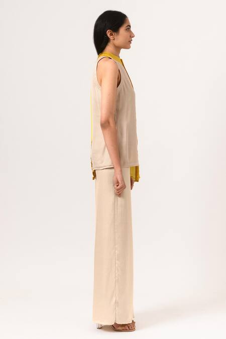 Neora By Nehal Chopra_Beige Sustainable Silk Band Collar High-low Hem Top And Pant Set _Online_at_Aza_Fashions