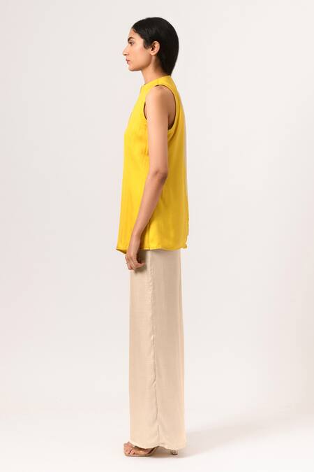Buy_Neora By Nehal Chopra_Beige Sustainable Silk Band Collar High-low Hem Top And Pant Set _Online_at_Aza_Fashions