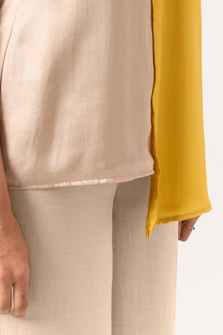 Neora By Nehal Chopra_Beige Sustainable Silk Band Collar High-low Hem Top And Pant Set _at_Aza_Fashions