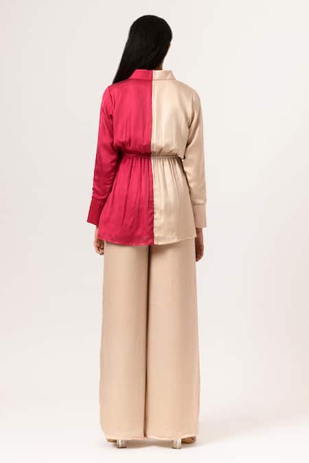 Shop Neora By Nehal Chopra Beige Sustainable Silk Collared Neck Color Block Top And Pant Set at Aza Fashions Shop_Neora By Nehal Chopra_Beige Sustainable Silk Collared Neck Color Block Top And Pant Set _at_Aza_Fashions