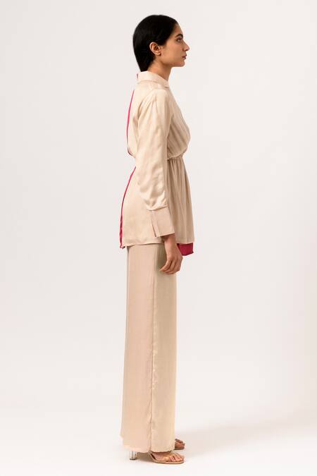 Neora By Nehal Chopra Beige Sustainable Silk Collared Neck Color Block Top And Pant Set Online at Aza Fashions Neora By Nehal Chopra_Beige Sustainable Silk Collared Neck Color Block Top And Pant Set _Online_at_Aza_Fashions