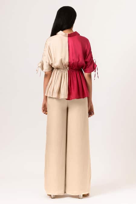 Shop Neora By Nehal Chopra Beige Sustainable Silk Collared Neck Color Block Half Sleeve Top And Pant Set at Aza Fashions Shop_Neora By Nehal Chopra_Beige Sustainable Silk Collared Neck Color Block Half Sleeve Top And Pant Set _at_Aza_Fashions