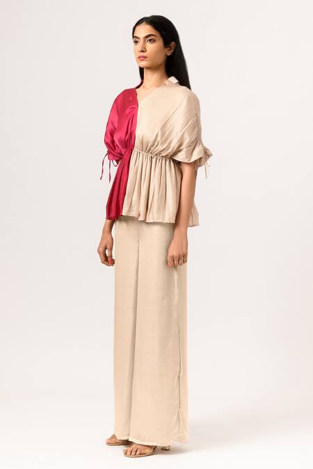 Buy Neora By Nehal Chopra Beige Sustainable Silk Collared Neck Color Block Half Sleeve Top And Pant Set Online at Aza Fashions Buy_Neora By Nehal Chopra_Beige Sustainable Silk Collared Neck Color Block Half Sleeve Top And Pant Set _Online_at_Aza_Fashions