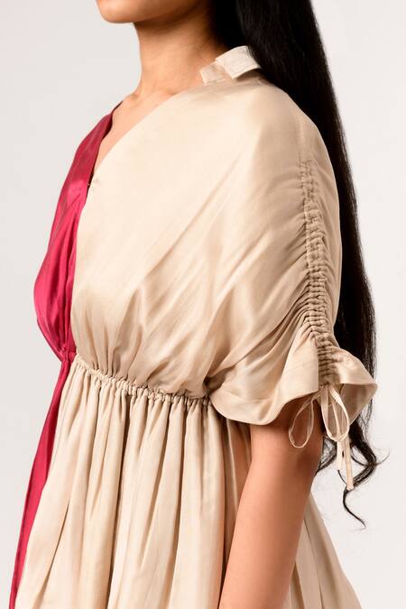 Shop Neora By Nehal Chopra Beige Sustainable Silk Collared Neck Color Block Half Sleeve Top And Pant Set Online at Aza Fashions Shop_Neora By Nehal Chopra_Beige Sustainable Silk Collared Neck Color Block Half Sleeve Top And Pant Set _Online_at_Aza_Fashions