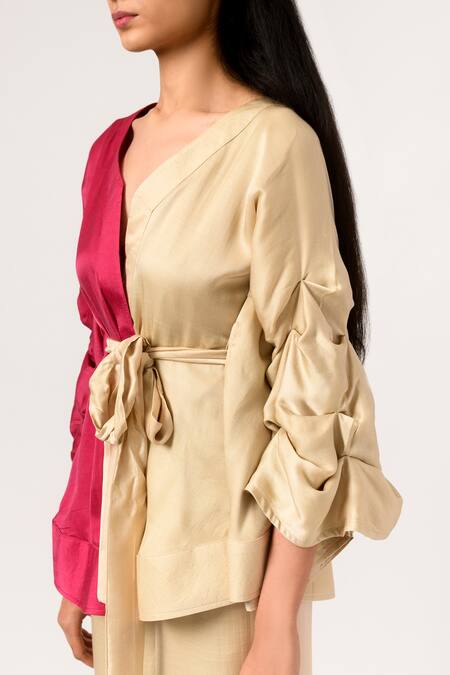 Neora By Nehal Chopra Beige Sustainable Silk V Neck Batwing Sleeve Top And Pant Set at Aza Fashions Neora By Nehal Chopra_Beige Sustainable Silk V Neck Batwing Sleeve Top And Pant Set _at_Aza_Fashions