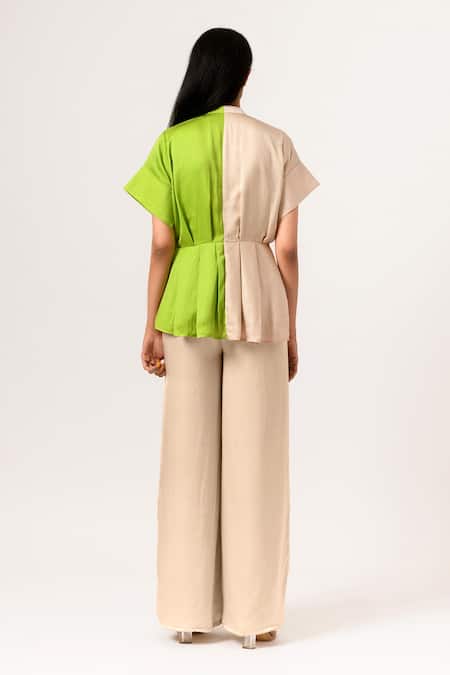 Shop Neora By Nehal Chopra Beige Sustainable Silk Band Collar Color Block Peplum And Pant Set at Aza Fashions Shop_Neora By Nehal Chopra_Beige Sustainable Silk Band Collar Color Block Peplum And Pant Set _at_Aza_Fashions