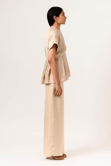 Neora By Nehal Chopra Beige Sustainable Silk Band Collar Color Block Peplum And Pant Set Online at Aza Fashions Neora By Nehal Chopra_Beige Sustainable Silk Band Collar Color Block Peplum And Pant Set _Online_at_Aza_Fashions