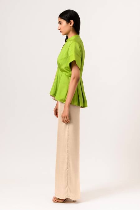 Buy Neora By Nehal Chopra Beige Sustainable Silk Band Collar Color Block Peplum And Pant Set Online at Aza Fashions Buy_Neora By Nehal Chopra_Beige Sustainable Silk Band Collar Color Block Peplum And Pant Set _Online_at_Aza_Fashions
