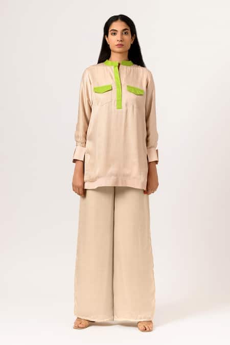 Neora By Nehal Chopra Beige Sustainable Silk Band Collar Full Sleeve Top And Pant Set 