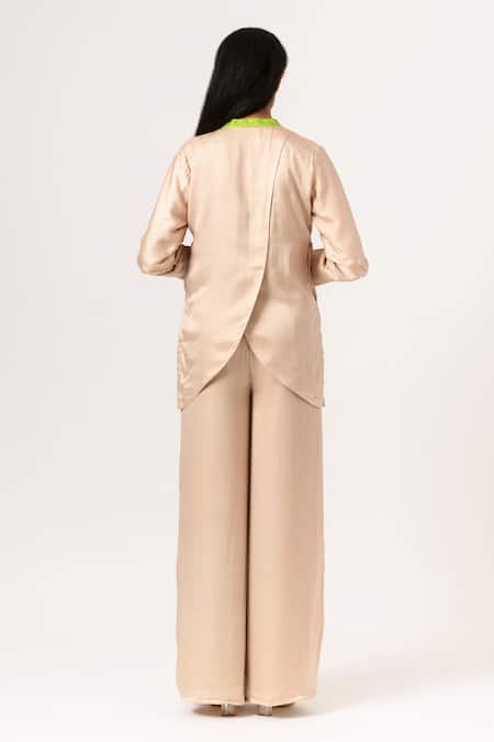 Shop Neora By Nehal Chopra Beige Sustainable Silk Band Collar Full Sleeve Top And Pant Set at Aza Fashions Shop_Neora By Nehal Chopra_Beige Sustainable Silk Band Collar Full Sleeve Top And Pant Set _at_Aza_Fashions