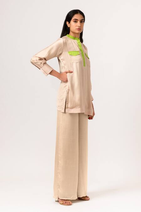 Neora By Nehal Chopra Beige Sustainable Silk Band Collar Full Sleeve Top And Pant Set Online at Aza Fashions Neora By Nehal Chopra_Beige Sustainable Silk Band Collar Full Sleeve Top And Pant Set _Online_at_Aza_Fashions