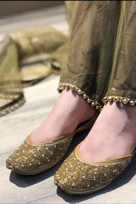 Cilwana Studio_Gold Embroidered Cutdana Juttis _Online_at_Aza_Fashions