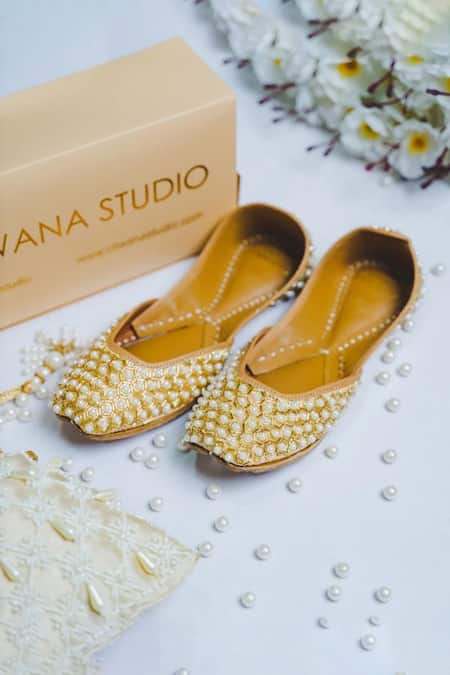 Shop Cilwana Studio Gold Embroidered Pearl Juttis at Aza Fashions Shop_Cilwana Studio_Gold Embroidered Pearl Juttis _at_Aza_Fashions