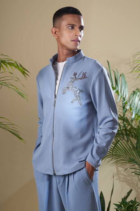 Soniya G_Blue Cotton, Lycra Embroidery Placement Jacket And Pant Set_Online_at_Aza_Fashions