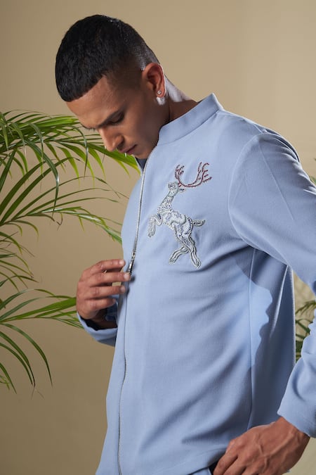 Shop_Soniya G_Blue Cotton, Lycra Embroidery Placement Jacket And Pant Set_Online_at_Aza_Fashions