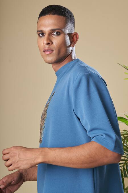 Soniya G_Blue Cotton, Lycra Embroidery Placement T-shirt And Pant Set_Online_at_Aza_Fashions