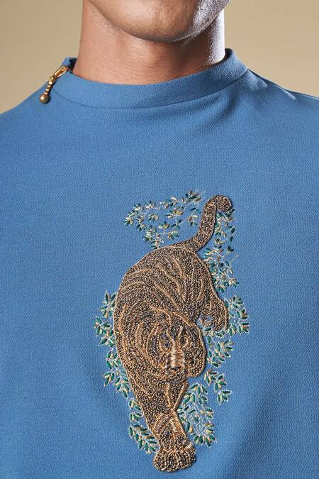 Shop_Soniya G_Blue Cotton, Lycra Embroidery Placement T-shirt And Pant Set_Online_at_Aza_Fashions