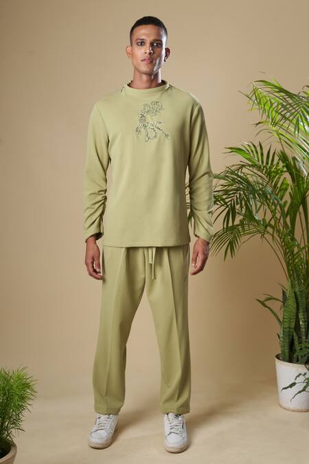 Shop_Soniya G_Green Cotton Lycra Thread Work Placement Embroidered T-shirt And Pant Set_Online_at_Aza_Fashions
