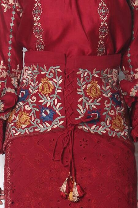 Shop_Chandrima_Red Embroidery Corset Belt _Online_at_Aza_Fashions