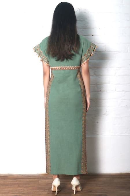 Chandrima_Green Kala Cotton Round Embroidered Maxi Dress _Online_at_Aza_Fashions