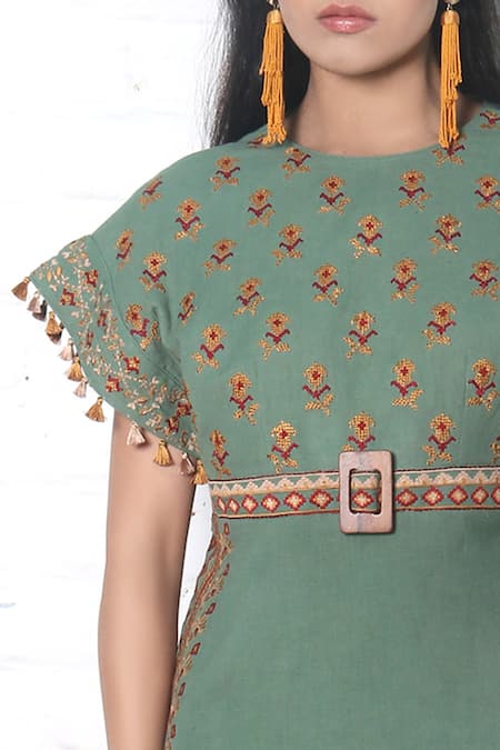 Chandrima_Green Kala Cotton Round Embroidered Maxi Dress _at_Aza_Fashions