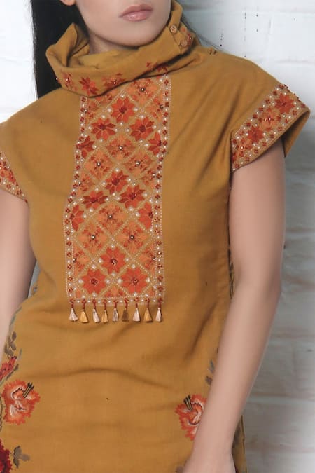 Shop_Chandrima_Yellow Kala Cotton Round Embroidered Tassel Dress _Online_at_Aza_Fashions