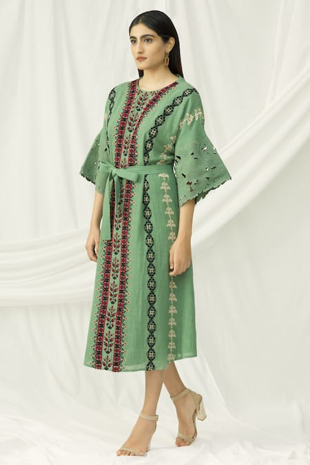 Chandrima Green Kala Cotton Round Midi Dress 