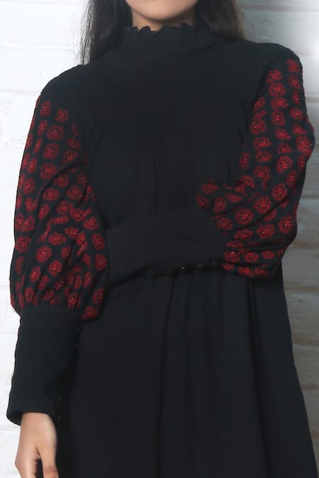 Buy_Chandrima_Black Kala Cotton Round Smocked Midi Dress _Online_at_Aza_Fashions