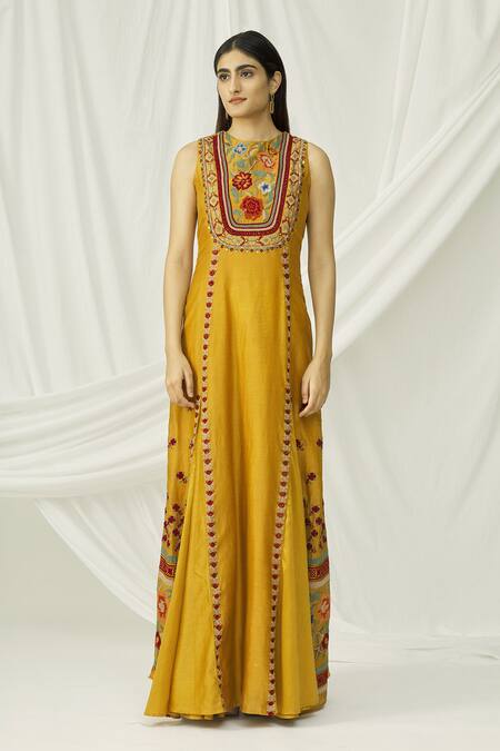 Shop Chandrima Yellow Chanderi Round Maxi Dress Online at Aza Fashions Shop_Chandrima_Yellow Chanderi Round Maxi Dress _Online_at_Aza_Fashions