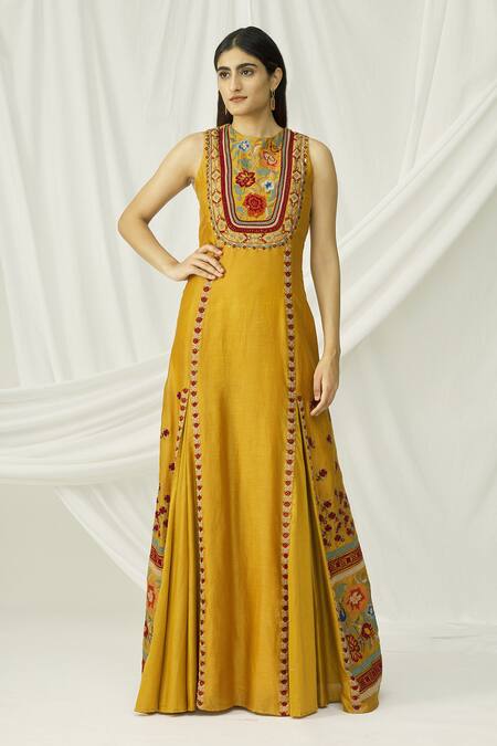 Buy Chandrima Yellow Chanderi Round Maxi Dress Online at Aza Fashions Buy_Chandrima_Yellow Chanderi Round Maxi Dress _Online_at_Aza_Fashions
