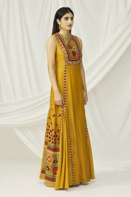 Chandrima Yellow Chanderi Round Maxi Dress Online at Aza Fashions Chandrima_Yellow Chanderi Round Maxi Dress _Online_at_Aza_Fashions