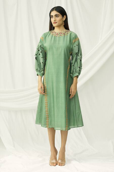 Shop Chandrima Green Chanderi Round Midi Dress Online at Aza Fashions Shop_Chandrima_Green Chanderi Round Midi Dress _Online_at_Aza_Fashions