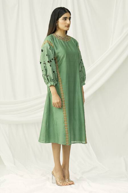 Chandrima Green Chanderi Round Midi Dress Online at Aza Fashions Chandrima_Green Chanderi Round Midi Dress _Online_at_Aza_Fashions
