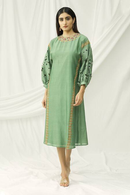 Buy Chandrima Green Chanderi Round Midi Dress Online at Aza Fashions Buy_Chandrima_Green Chanderi Round Midi Dress _Online_at_Aza_Fashions