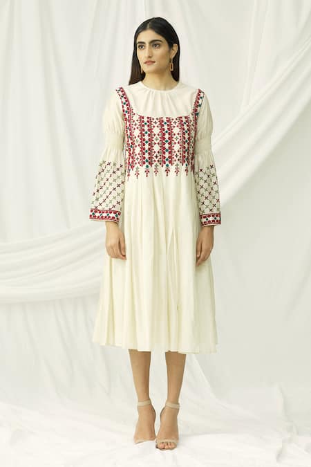 Shop_Chandrima_White Chanderi Round Pleated Dress _Online_at_Aza_Fashions