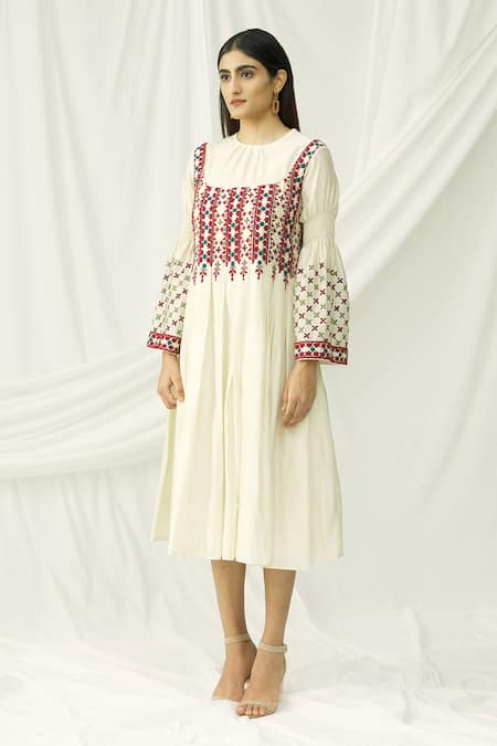 Buy_Chandrima_White Chanderi Round Pleated Dress _Online_at_Aza_Fashions