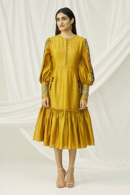 Shop_Chandrima_Yellow Chanderi Round Midi Dress _Online_at_Aza_Fashions