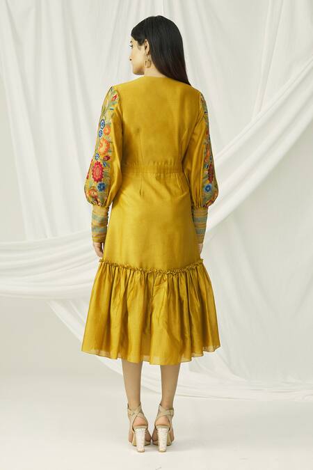 Shop_Chandrima_Yellow Chanderi Round Midi Dress _at_Aza_Fashions