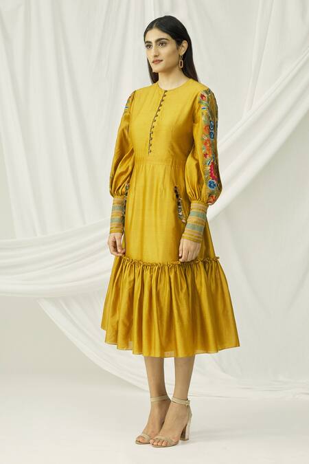 Chandrima_Yellow Chanderi Round Midi Dress _Online_at_Aza_Fashions