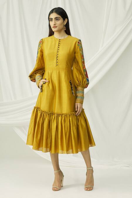 Buy_Chandrima_Yellow Chanderi Round Midi Dress _Online_at_Aza_Fashions